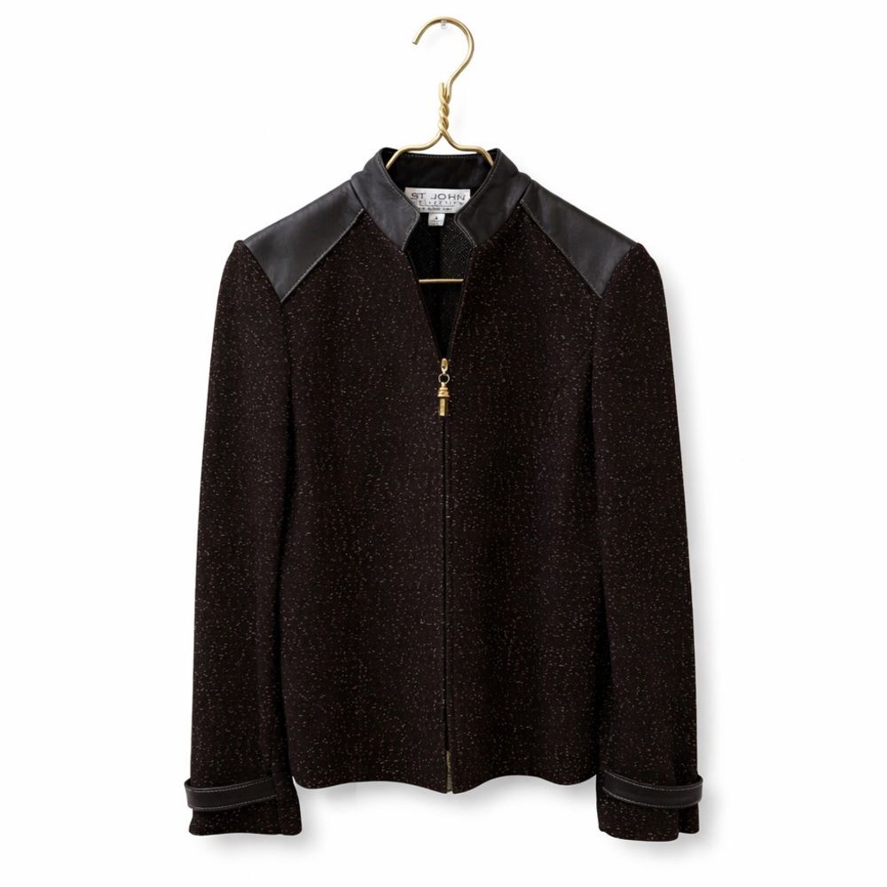 St. John Leather Detail Gold Hardware Zip Jacket Size 4